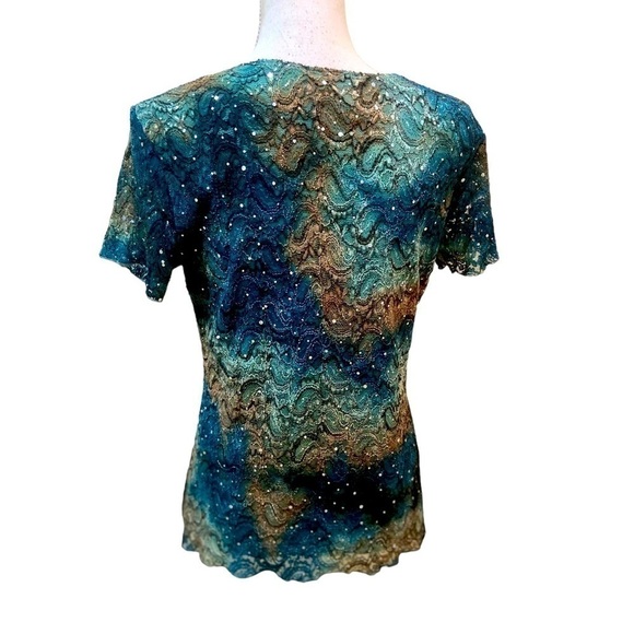 Brittany Black short sleeve stretch lace top ombre beaded sparkles lined medium - Picture 7 of 10